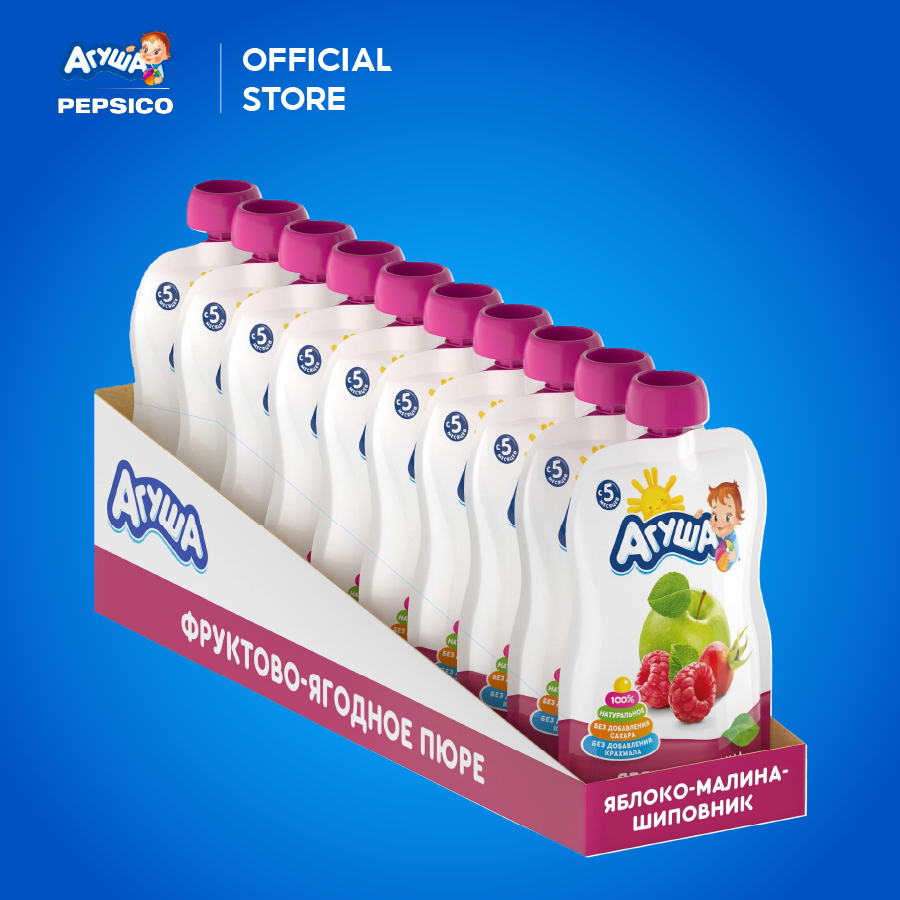 Thùng 10 Gói Trái cây nghiền vị táo mâm xôi và tầm xuân Agusha 90g/gói dành cho bé từ 6 tháng trở lên