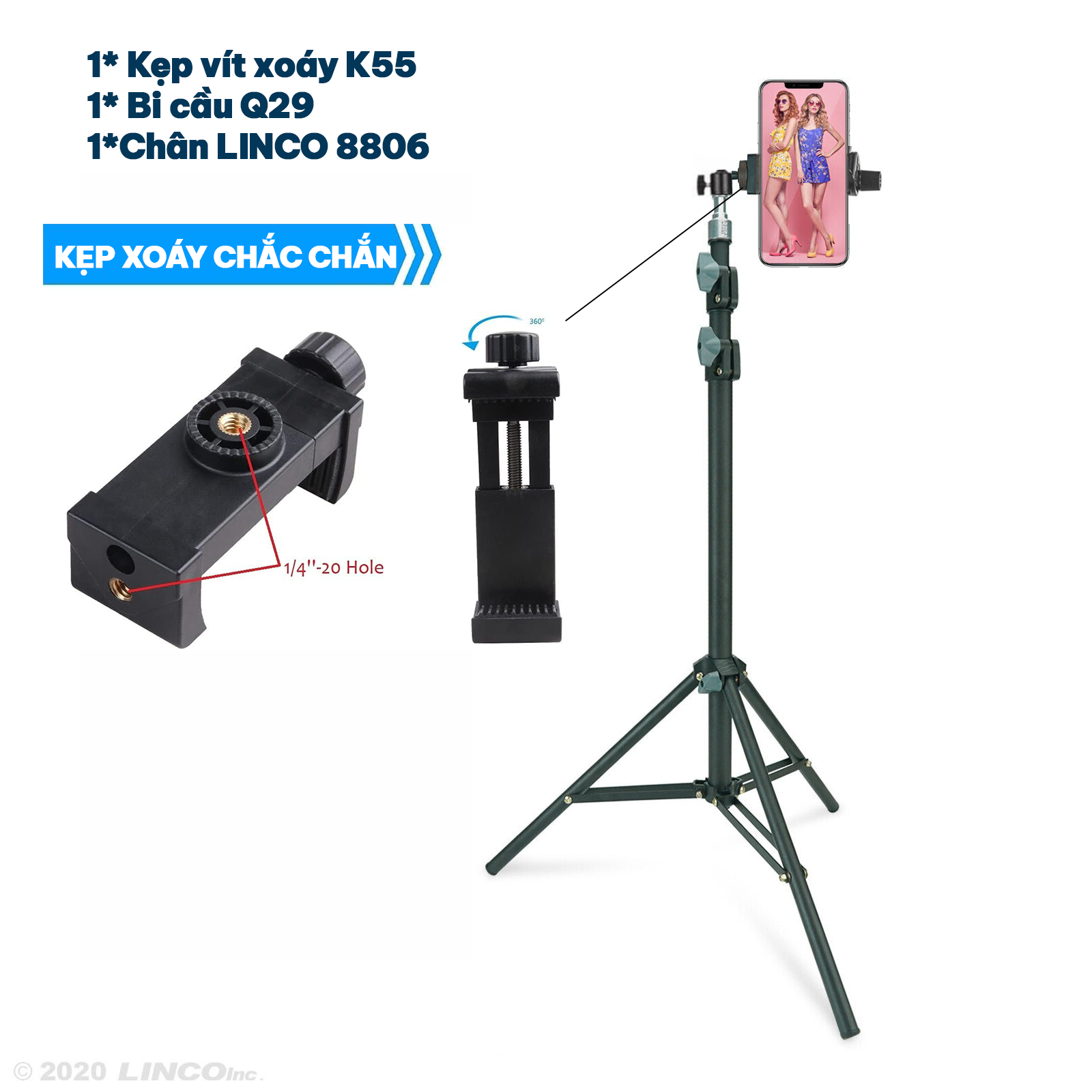 Gía đỡ điện thoại 3 chân Cây livestream TRIPOD chụp ảnh quay phim Chân 2m bi cầu q29 kẹp điện thoại 