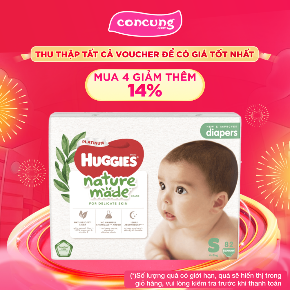 Bỉm tã dán Huggies Platinum Nature Made size S 82 miếng (4-8kg)