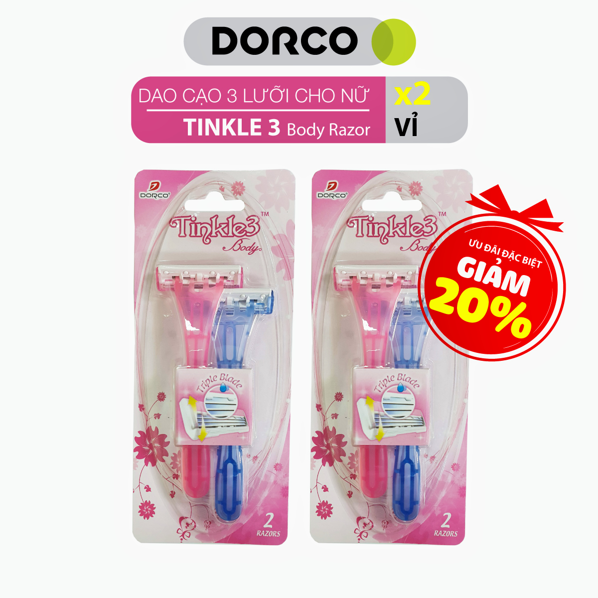 Combo 2 Vỉ Dao Cạo 3 Lưỡi Cho Nữ Dorco Tinkle 3 Body (1 Vỉ/ 2 Dao Cạo)