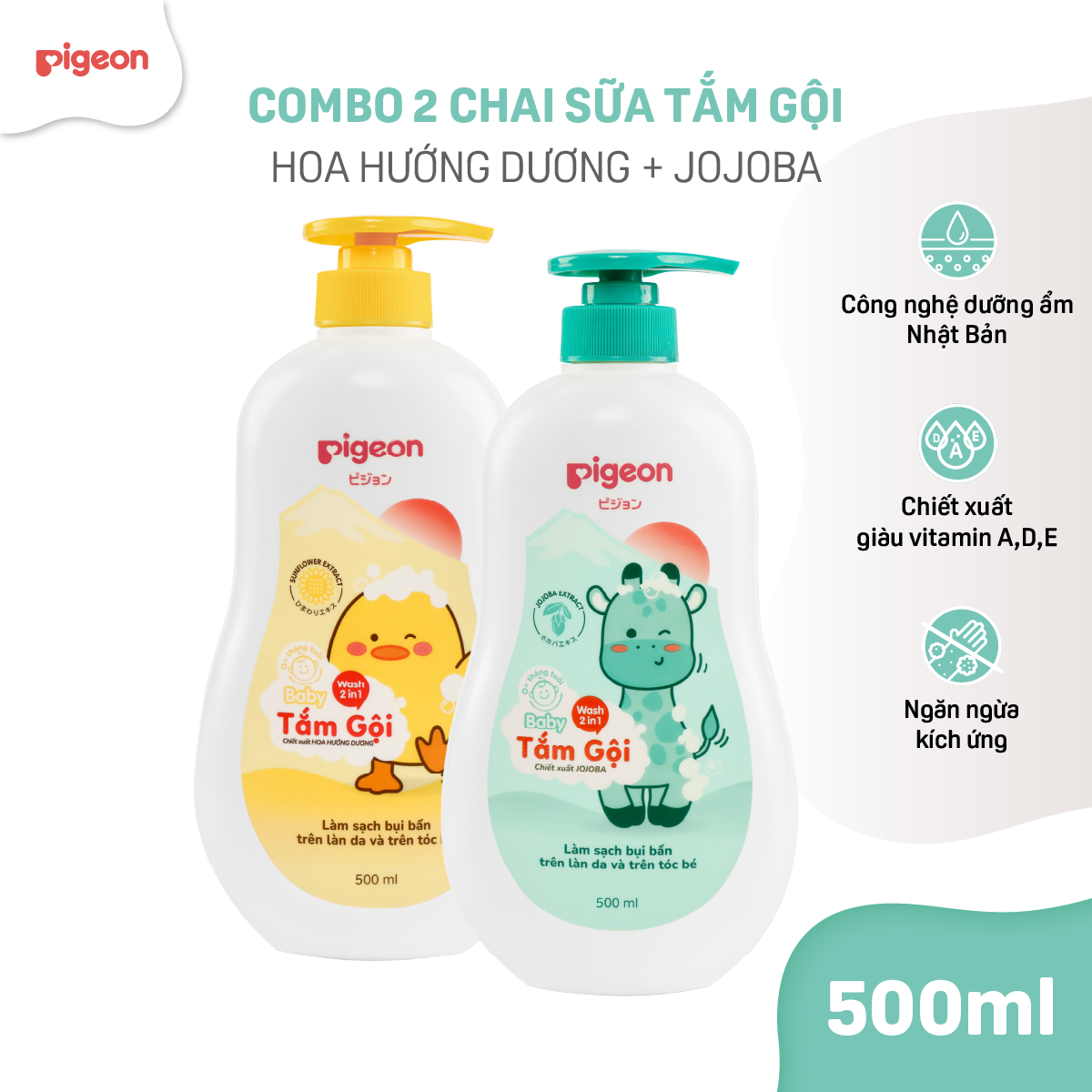 [TẶNG 1 TẮM GỘI 500ML] Combo 2 Sữa Tắm Gội Dưỡng Ẩm Cho Bé Pigeon 500ml Dịu Nhẹ Mềm Mại An Toàn Cho Da