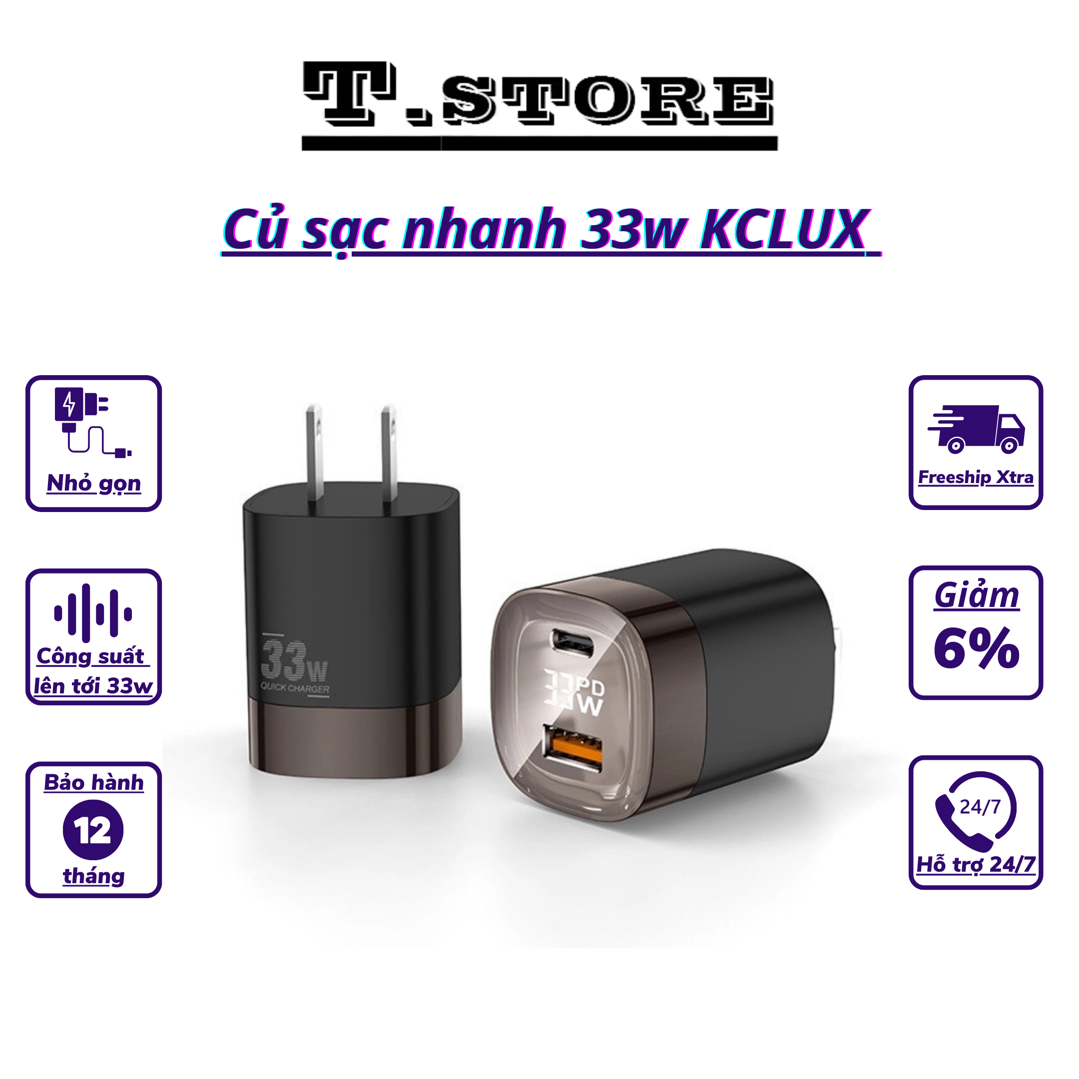 Củ sạc nhanh 33w KCLUX K10166 hiển thị công suất sạc sạc cùng lúc 2 thiết bị - TSHOP