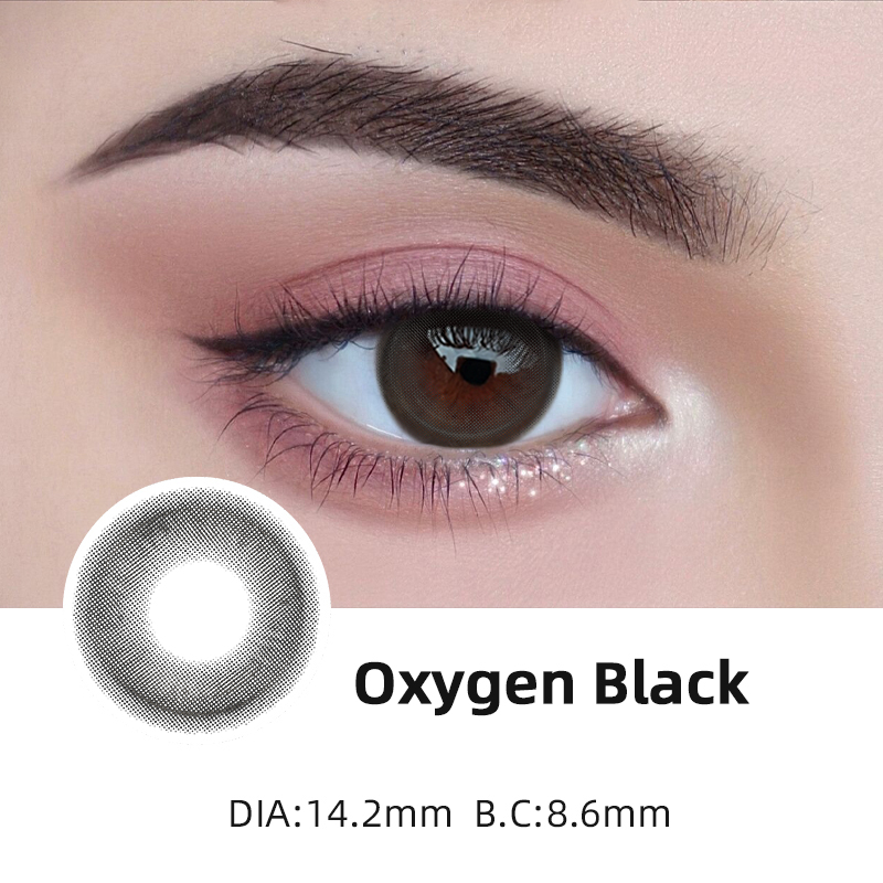 Mrs.H Bộ 2 Kính Áp Tròng Màu Xám Đen (0~8.00) 1 năm 14.2mm lens xám Oxygen contact lens mắt lens đen