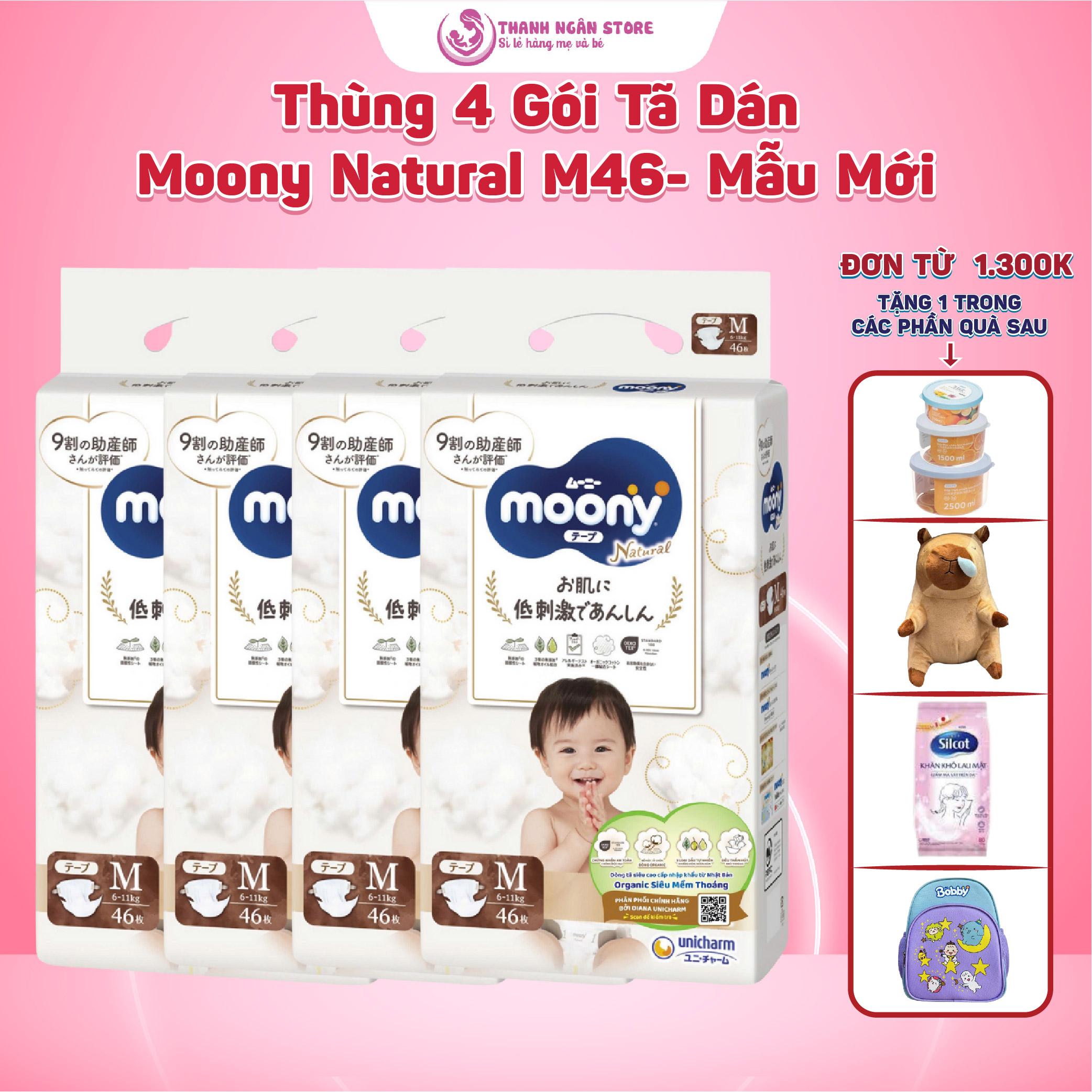 Thùng 4 Gói Tã Dán Moony Natural M46 Cho Bé Từ 6 Kg Đến 9 Kg - Moony Trắng - Moony Dịu Nhẹ - Kho Bỉm Thanh Ngân