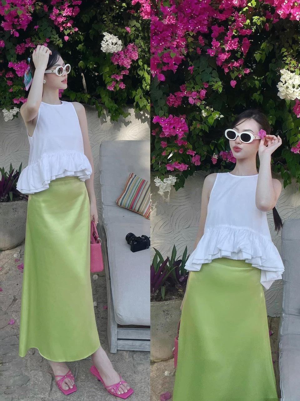 Set áo sát nách peplum bồng kèm chân váy lụa suông dài set đồ nữ mùa hè áo 3 lỗ phối chân váy dáng d