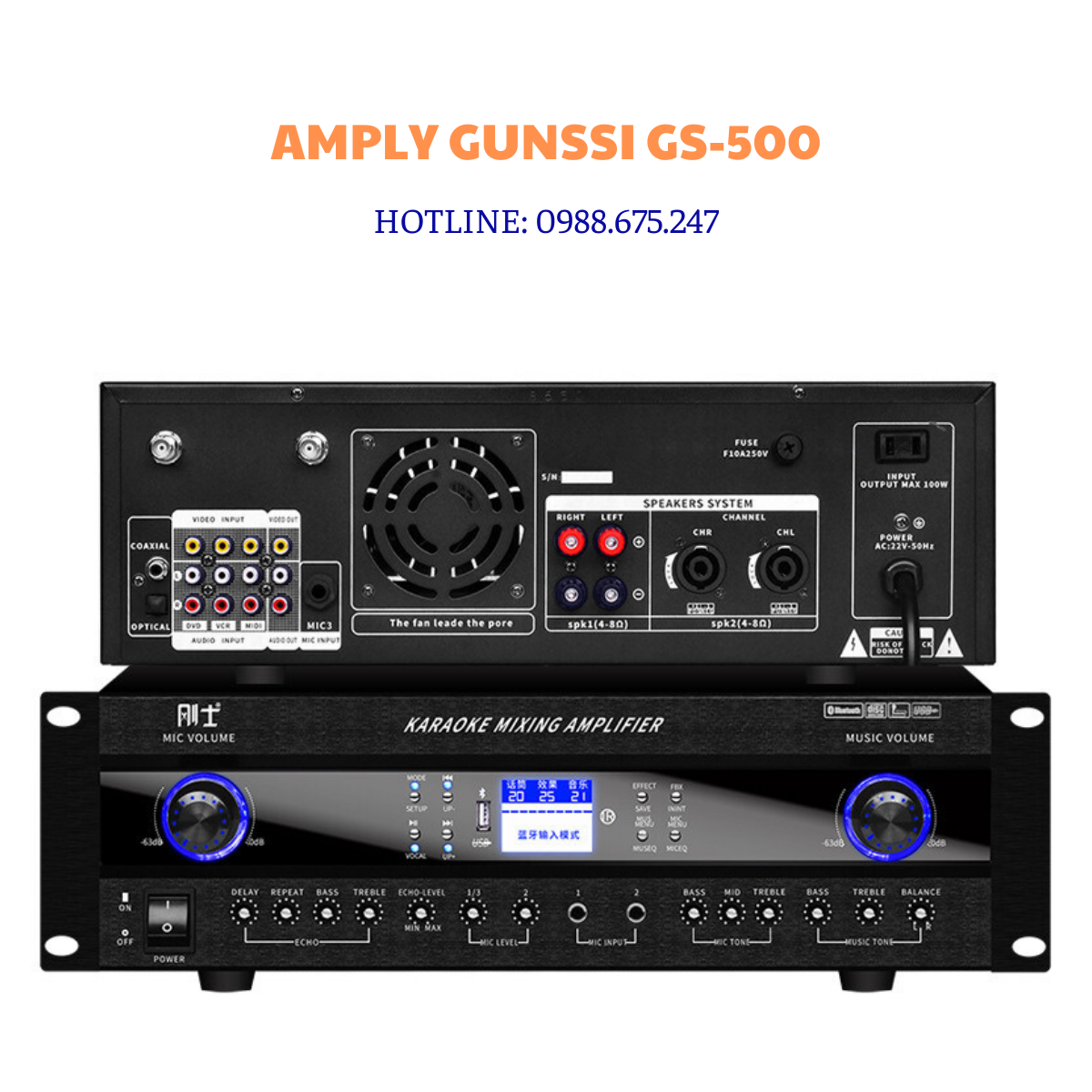 Amply GUNSSI GS- 500 kèm micro và điều khiển từ xa Amply liền vang kết nối Bluetooth hát karaoke chuyên nghiệp.