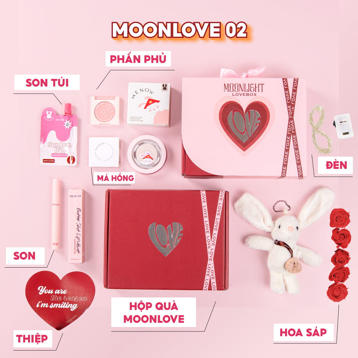 Hộp Quà trang điểm tặng bạn gái sẵn dây xách kèm gấu bông hoa sáp và đèn MENOW SWEETHEART