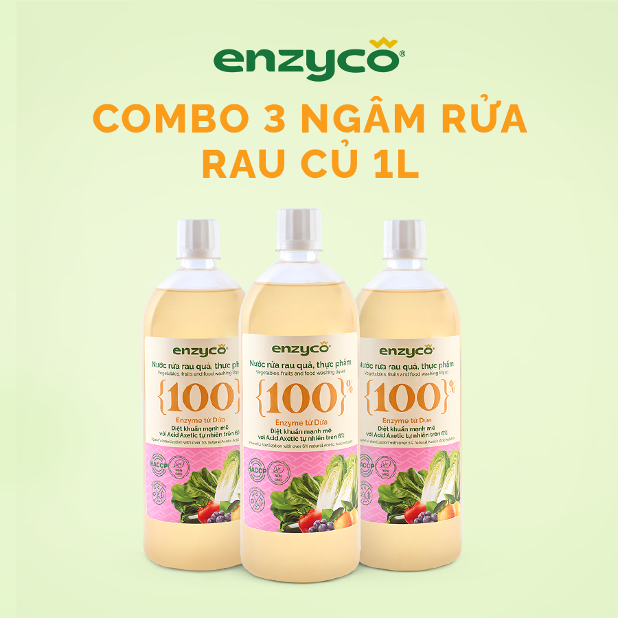 Combo 3 chai nước ngâm rửa rau củ quả sinh học ENZYCO 1L - 100% Enzyme từ dứa giúp loại bỏ hóa chất 
