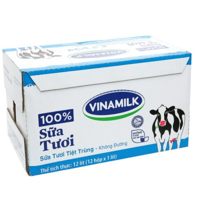 Hỏa Tốc - Thùng 12 Hộp Sữa Tươi Vinamilk  Không Đường Hộp 1 Lít