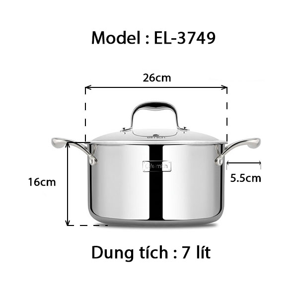 Nồi Inox 3 lớp cao cấp đáy liền Emich Tri-Max XS EL-3749 Size 26cm - Hàng chính hãng bảo hành 36 thá