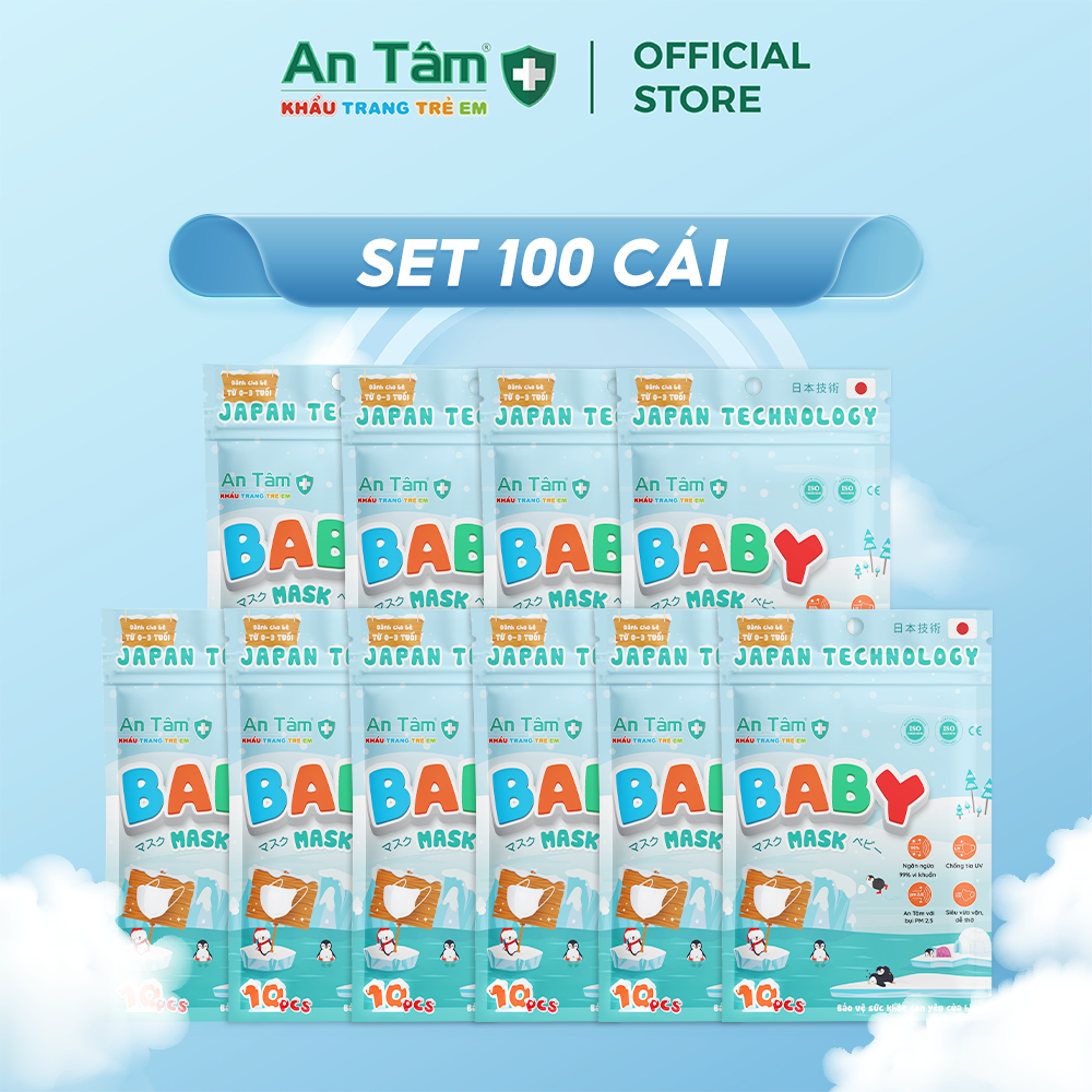 BABY MASK - Set 100 cái - Khẩu trang y tế kháng khuẩn chính hãng An Tâm cho bé sơ sinh từ 0 - 3 tuổi họa tiết dễ thương