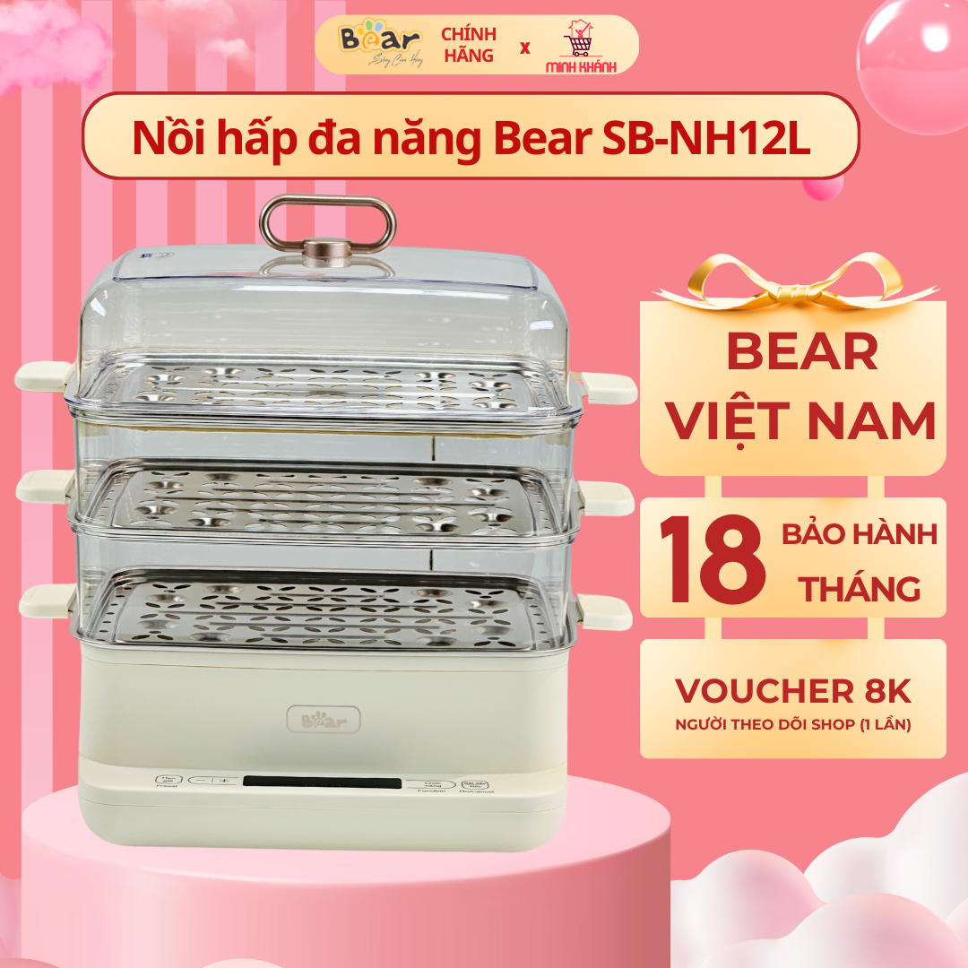 Nồi hấp điện 3 Tầng Bear SB-NH12L - Khay hấp bằng inox thể tích chứa lớn hấp được nhiều thức ăn giữ 