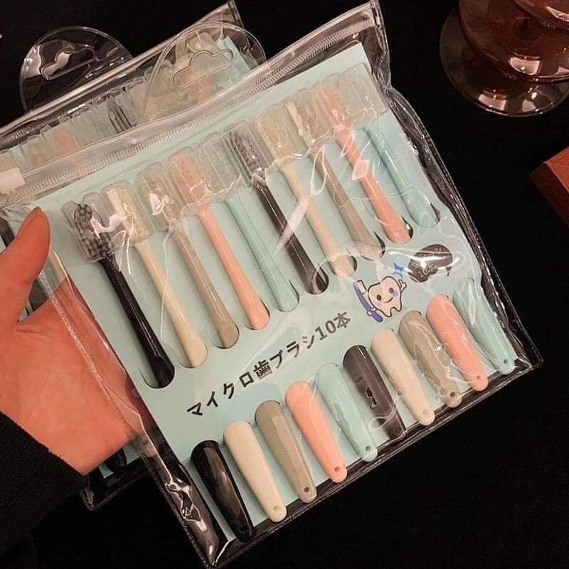 Set 10 bàn chải đánh răng xuất Nhật có nắp tặng kèm túi zip