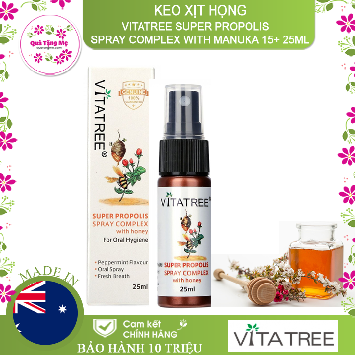 [ Chính Hãng ] Chai Xịt Keo Ong Vitatree 25Ml Super Propolis Spray Complex With Honey Giảm Đau Họng Của Úc