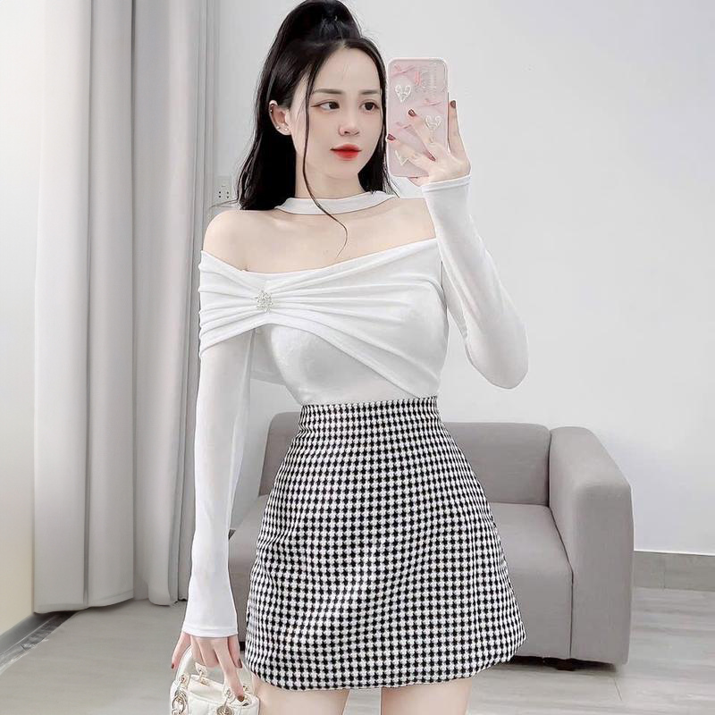 Áo Thun Trễ Vai cổ choker Tay dài cài hoa đá sang chảnh đi tiệc đi chơi đi học đều xinh màu be đen t