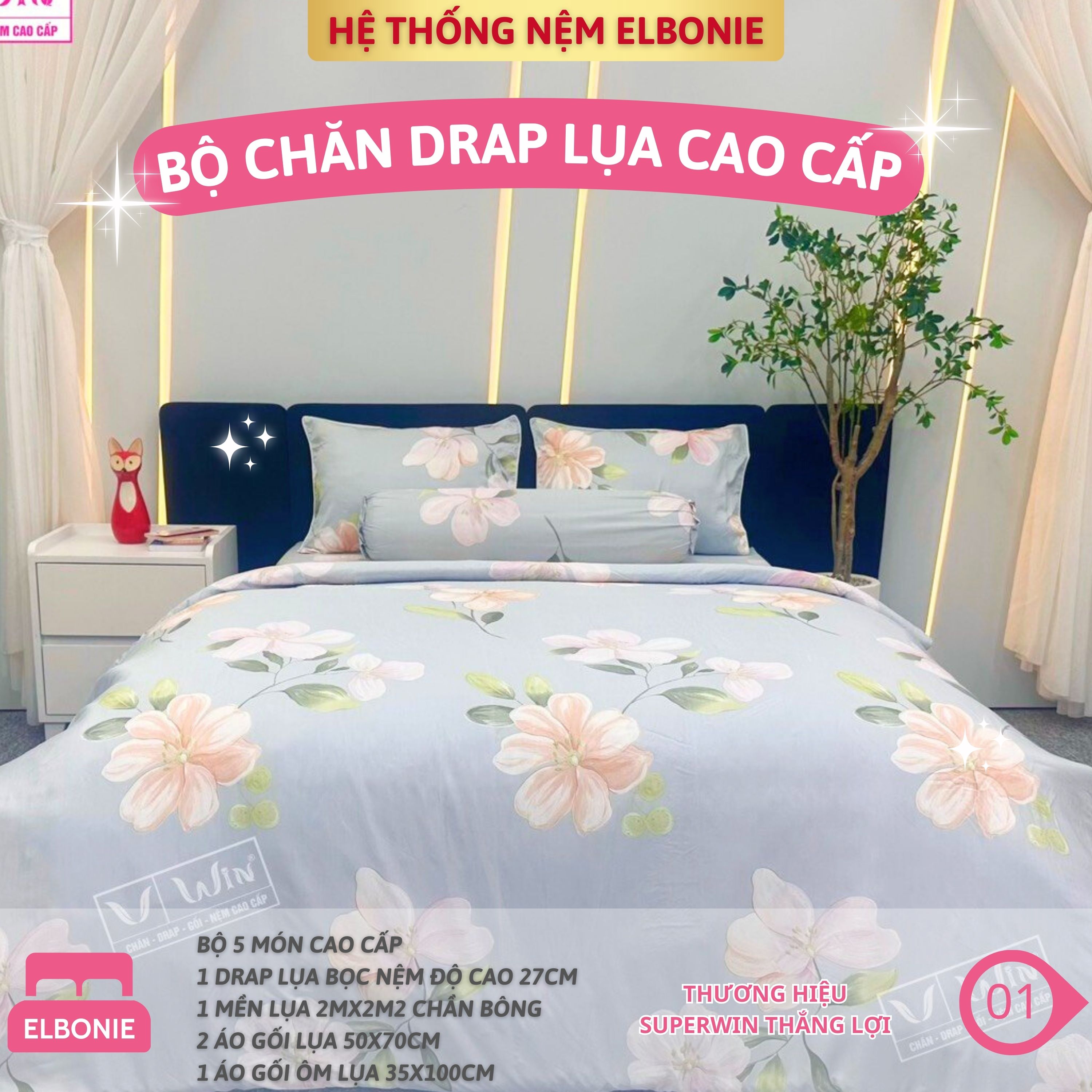 Bộ Mền Drap Lụa Cao Cấp Tencel 60s SuperWin Thắng Lợi Bộ Chăn Ga Giường Cao Cấp 5 Món Lụa cao cấp mị