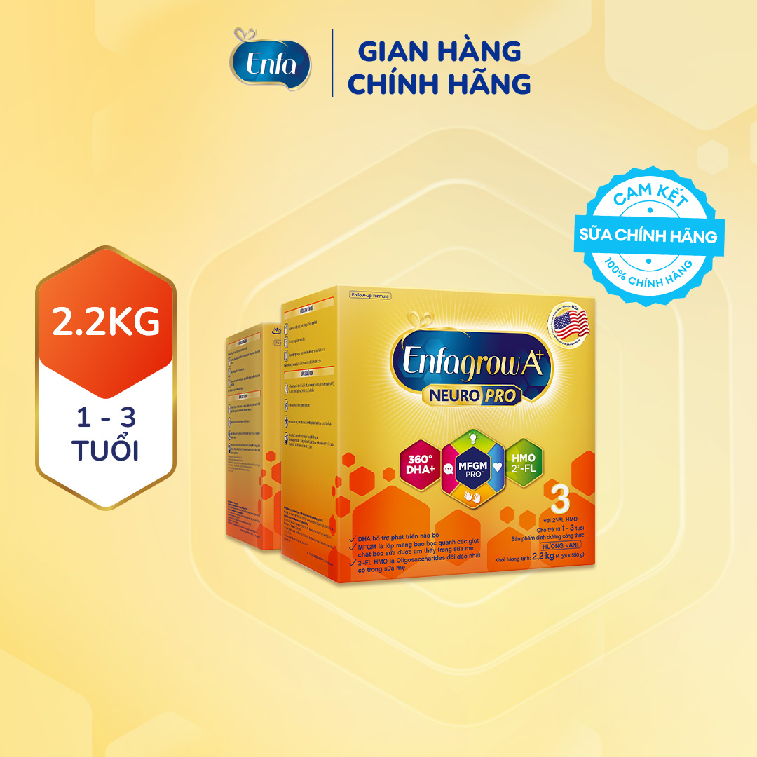 Bộ 2 Sữa bột Enfagrow A+ Neuropro 3 -2.2kg Vị thanh mát 2FL HMO với dưỡng chất DHA & MFGM cho trẻ từ 1- 3 tuổi