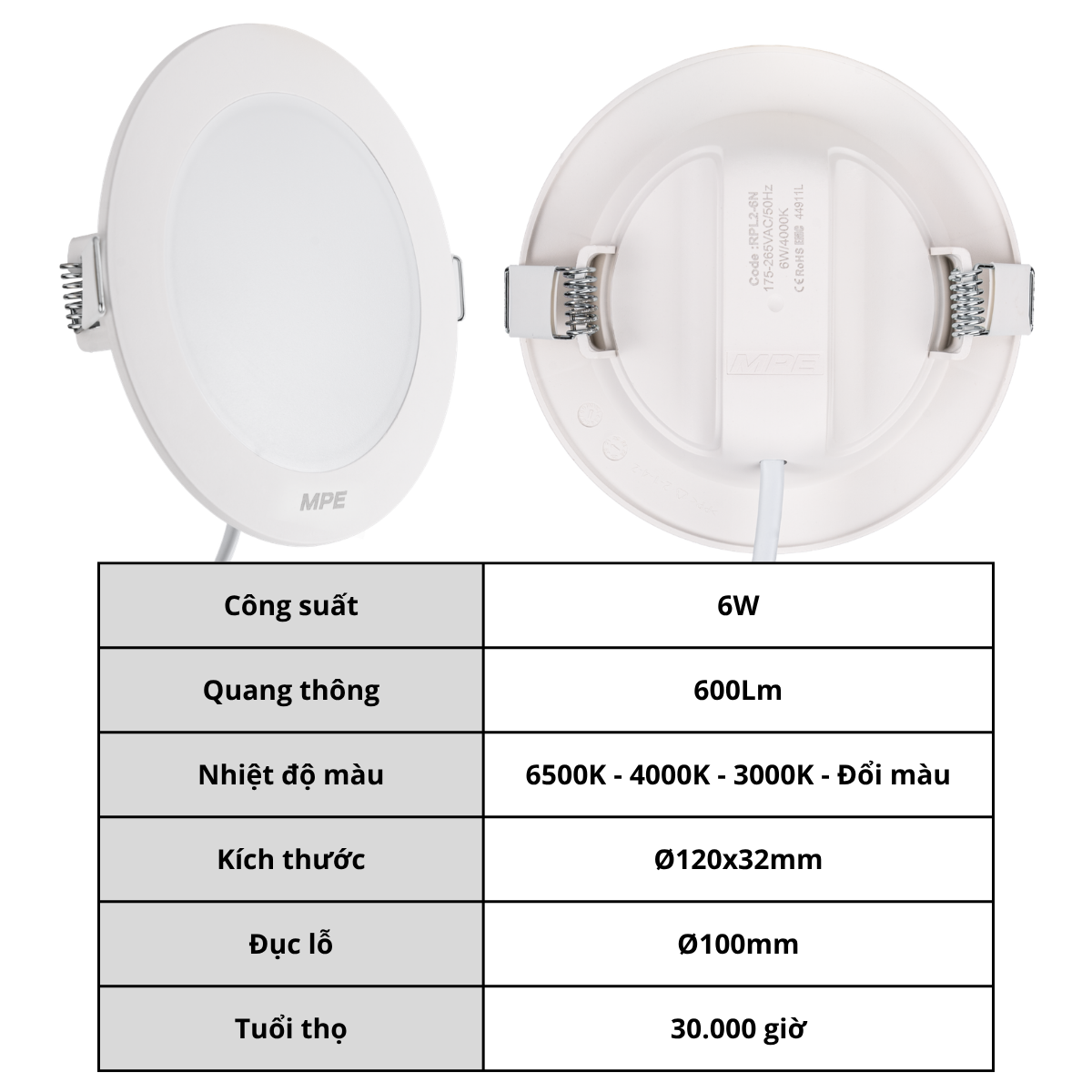 (MPE) Đèn Led Panel âm trần tròn vỏ nhựa 6W 9W 12W 18W Ánh sáng 6500K 4000K 3000K Đổi 3 màu RPL2