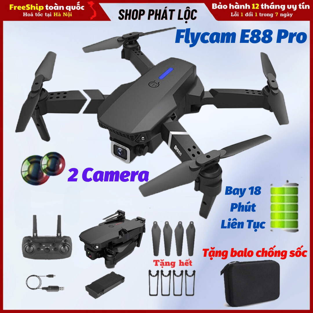 Flycam Mini Giá Rẻ Drone E88 Pro Máy Bay Điều Khiển Từ Xa 4 Cánh Play Camera Cao Cấp 2 Camera 12MP Pin Lithium 1800mAh bay 18 Phút