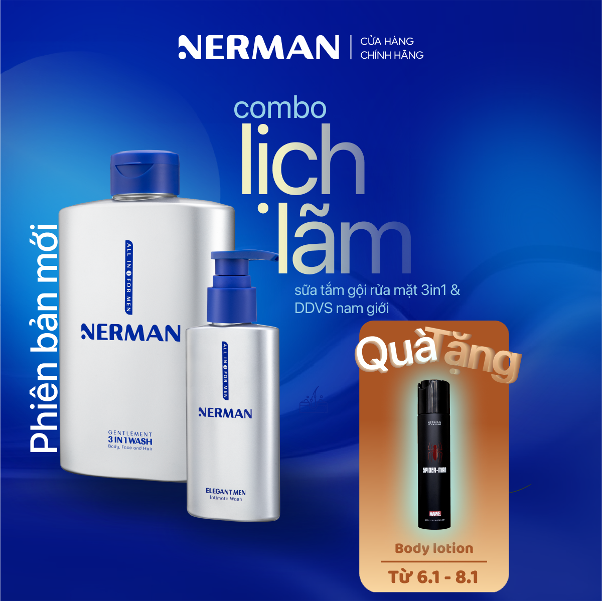 Combo Lịch Lãm Nerman - Sữa Tắm Gội Gentleman 3-In-1 Hương Nước Hoa Cao Cấp 350ml & Gel Vệ Sinh Nam 