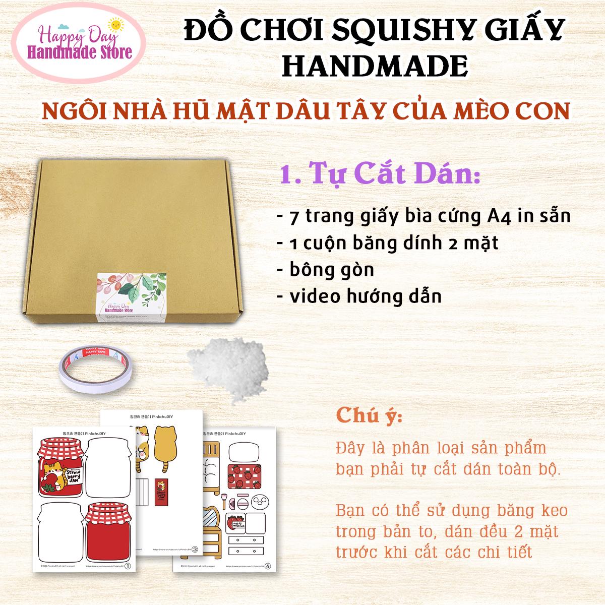 Squishy Giấy - Ngôi Nhà Búp Bê Giấy Nhồi Bông Hũ Mật Dâu Tây của Mèo Con - DIY Set Giấy Tự Làm - Đồ 