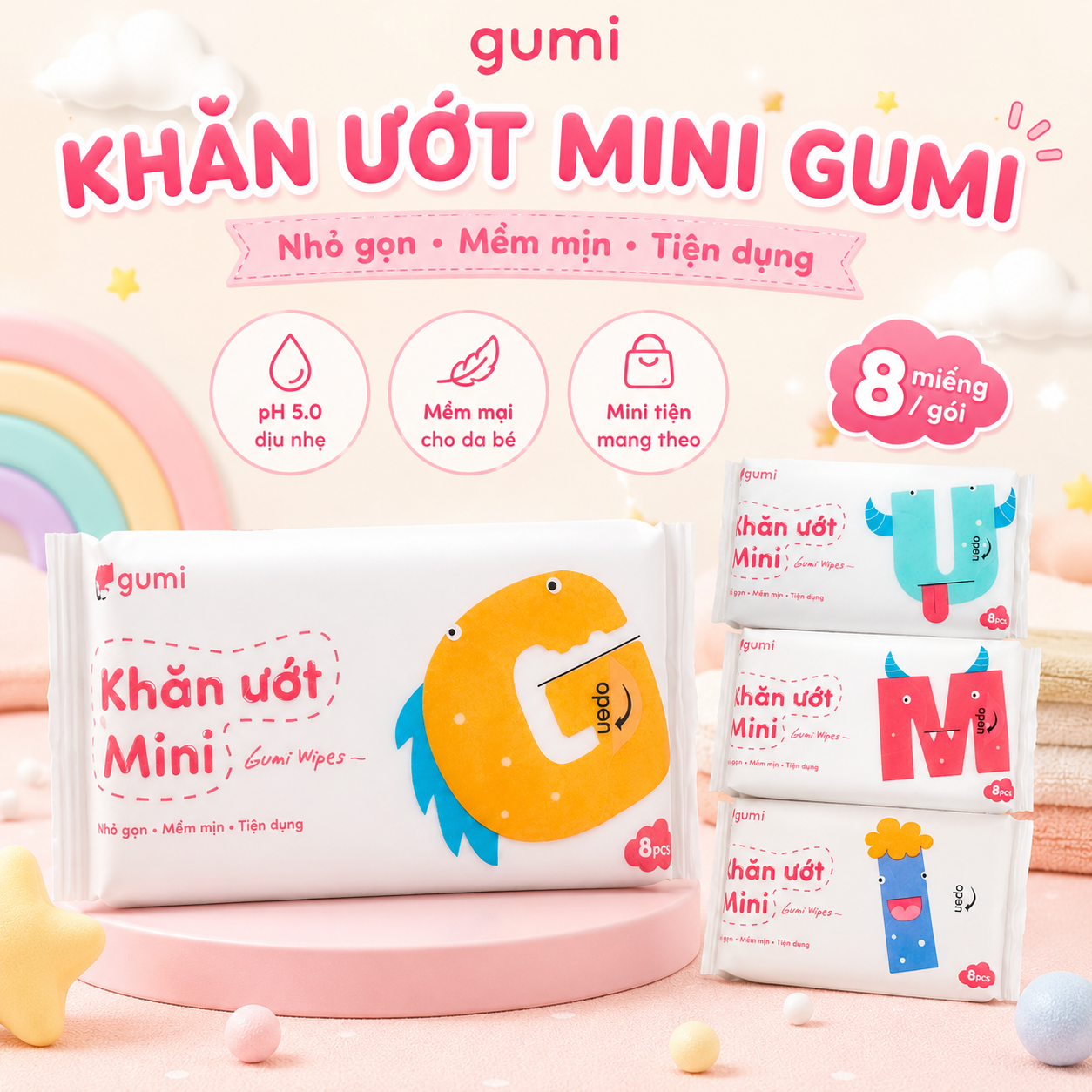 Khăn ướt Mini Gumi Nhỏ gọn Mềm mịn Tiện dụng pH 5.0 dịu nhẹ Mềm mịn cho da bé Mini tiện mang theo 8 miếng/gói