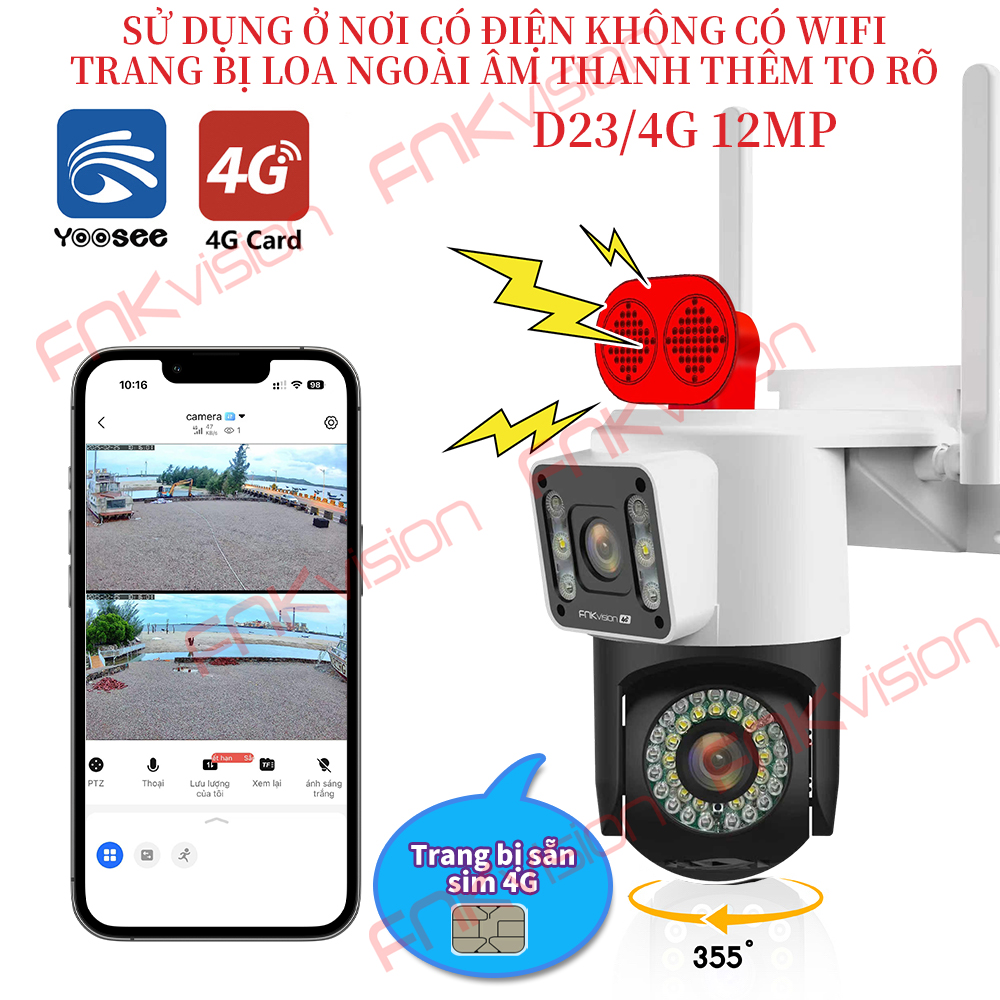 Yoosee Camera 2 mắt Fnkvision 4G 12.0Mp xem 360 độ ban đêm có màu hai giao diện quan sát