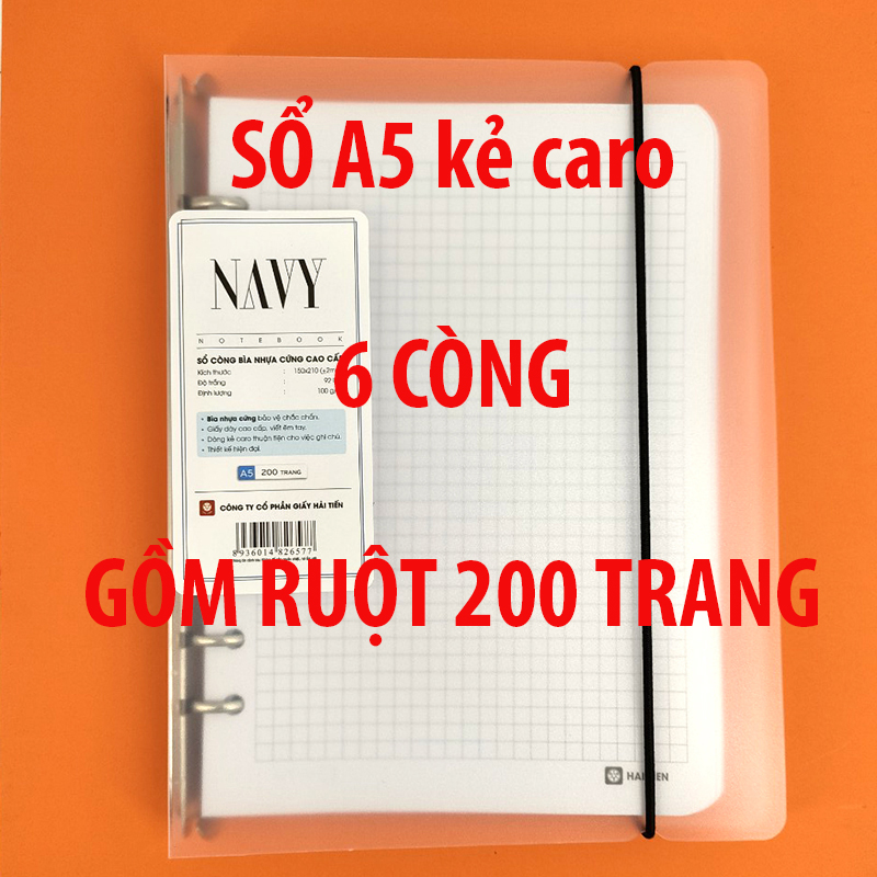 Sổ còng sắt bìa nhựa cứng cao cấp 200 trang caro  / kẻ ngang NAVY khổ A5 / B5 Hải Tiến