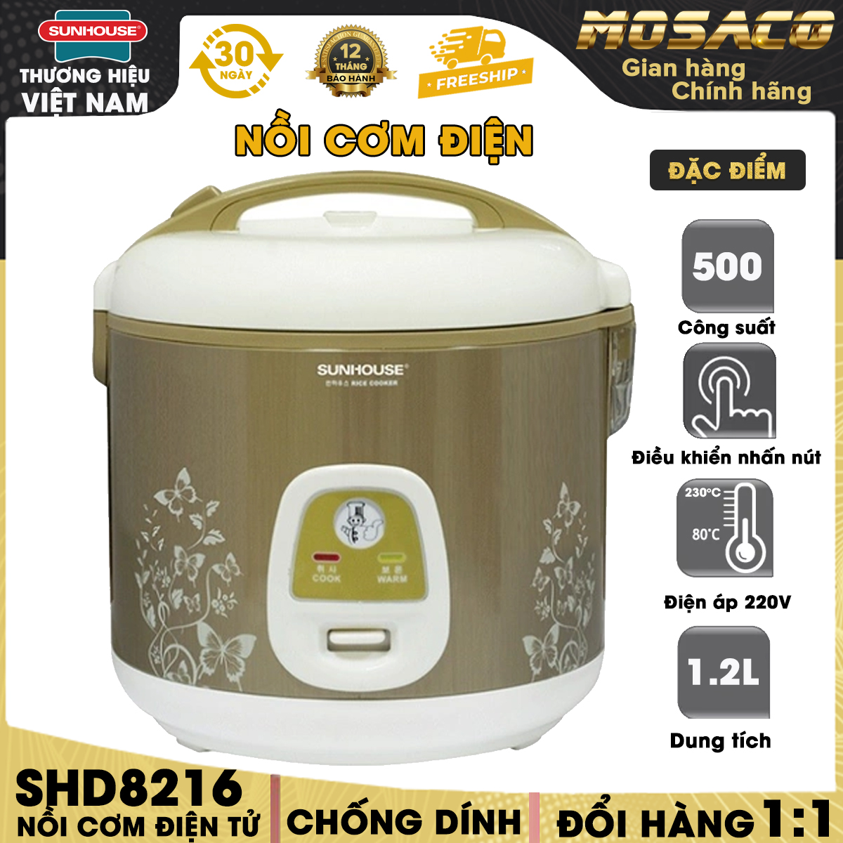 Nồi cơm điện Sunhouse SHD8216 1.2L, màu vàng, công nghệ nấu 1D