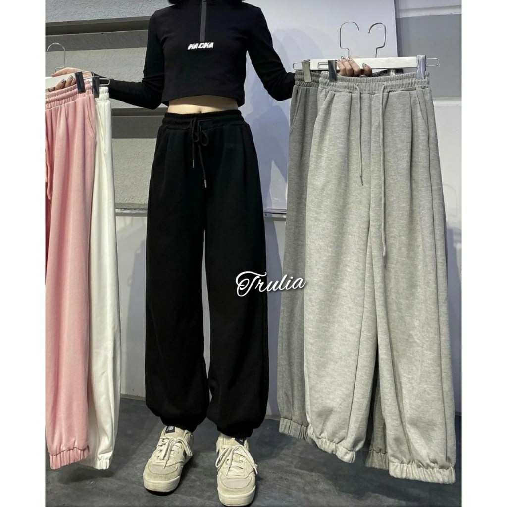 quần jogger trơn vải thun da cá quần bom ống rộng nữ dáng jogger nỉ thun trơn