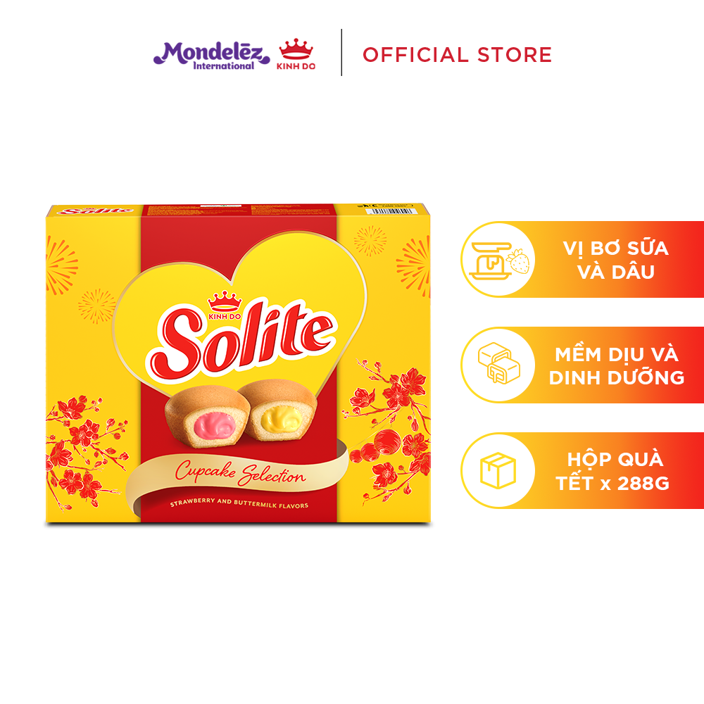 [CÓ TÚI GIẤY] Hộp Tết Solite - Bánh Bông Lan Tròn Kem Vị Bơ Sữa Và Vị Dâu Hộp Giấy 288G