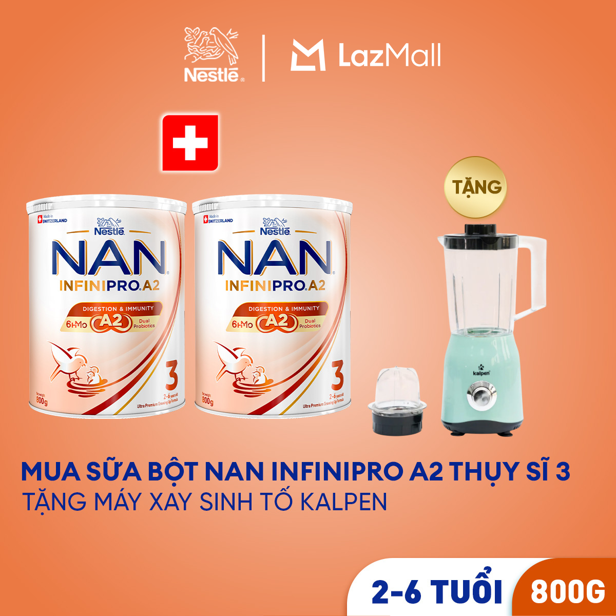 [Tặng Máy xay sinh tố Kalpen kèm cối nhỏ] Combo 2 lon Sữa bột Nestle NAN INFINIPRO A2 3 800g Cho Bé 2 - 6 Tuổi Có Đạm A2 6HMO & Lợi Khuẩn Kép hỗ trợ tiêu hóa đề kháng