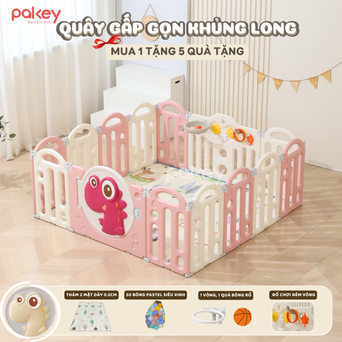 Quây Cũi Nhựa Gấp Gọn Pakey Khủng Long Mẫu Mới 2024 Quây Cũi Cho Bé Quây Nhựa An Toàn Cao Cấp Dùng T