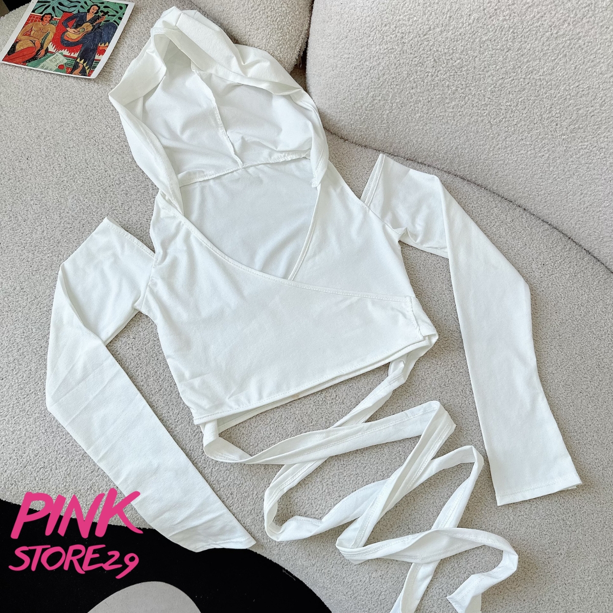 Áo croptop tay dài kiểu vạt chéo PINKSTORE29 dây buộc eo phối nón trùm cá tính A5935