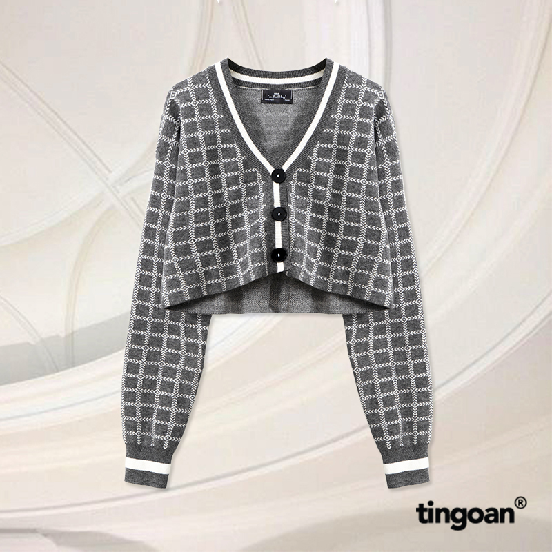 TINGOAN® - Áo len cardigan croptop kẻ caro xám MISS BLING TOP/GR