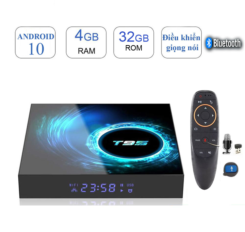 Android tivi box T95 bluetooth có điều khiển giọng nói Tiếng Việt 4GB RAM 32GB ROM wifi 2 băng tần android 10  cài sẵn các ứng dụng xem truyền hình cáp và phim HD miễn phí