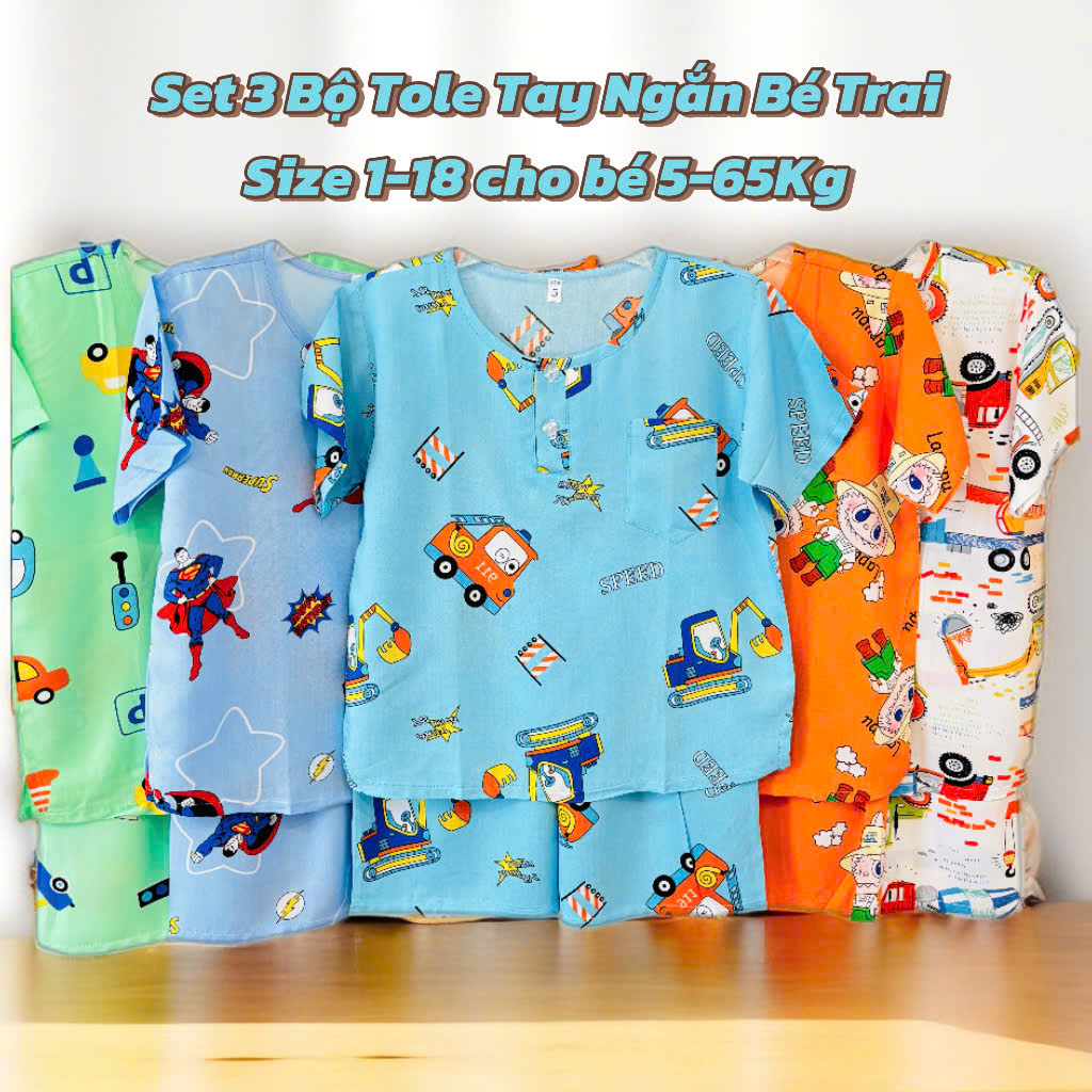 (18 Size / 5-65Kg) - SET 3 Bộ Đồ Tole Lanh Bé Trai - Áo Tay Ngắn Quần Ngắn Cổ Trụ - Đồ Bộ Bé Trai Chất vải Tôn Lanh mát lạnh thoải mái cho bé mặc nhà - Tole Trai Ngắn
