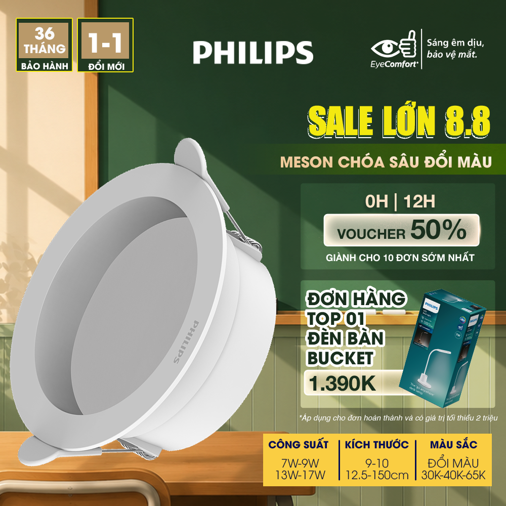 Đèn LED PHILIPS âm trần chóa sâu Meson 7W 9W 13W 17W- đổi màu ánh sáng- Góc chiếu: 90°- Bảo vệ mắt
