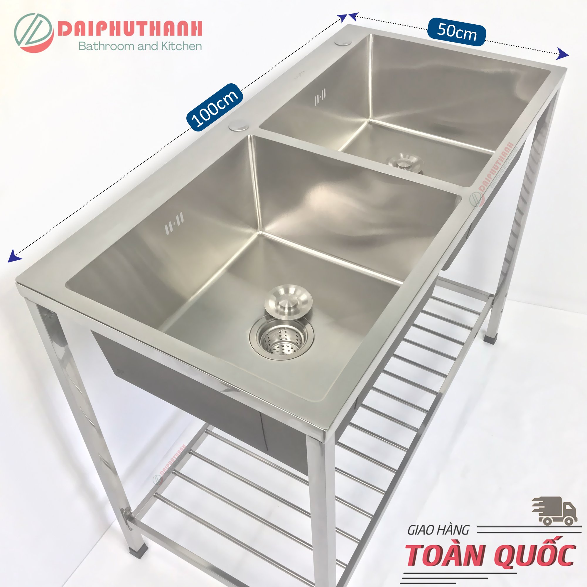 Bộ Chậu Rửa Chén Bát Có Chân Inox Nhiều Kích Thước - Gồm Chậu kệ chân xi phông