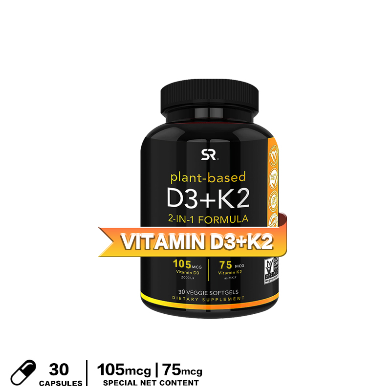 Bổ sung Vitamin D3+K2 Giúp hỗ trợ hấp thu Canxi Sức khỏe của Tim &amp; Xương D3 với Phức hợp K2 MK7 Hệ thống miễn dịch khỏe mạnh Viên nang dành cho người ăn chay