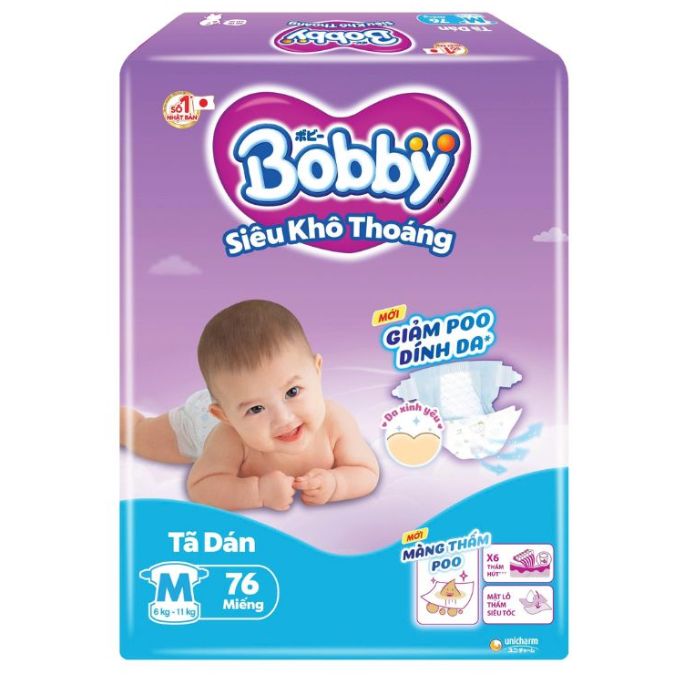 [MẪU MỚI] Tã Dán Bobby Siêu Khô Thoáng Lõi Nén Cotton-Soft Size M76 Cho Bé Từ 6 Kg Đến 10 Kg - Kho Bỉm Thanh Ngân