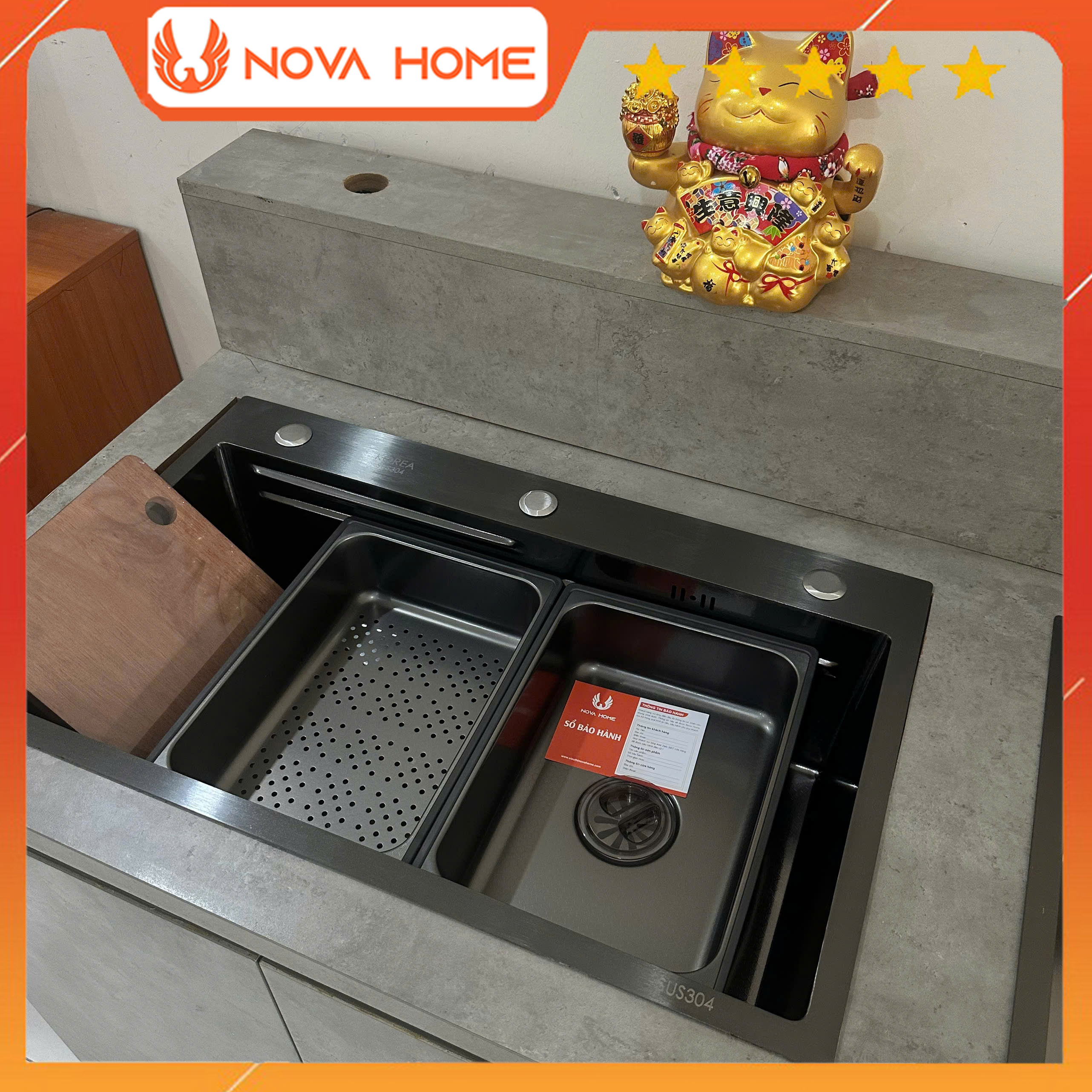 Chậu Rửa Bát 1 Hố Lớn Inox SUS304 Mạ Nano Có Vòi Rút Thác Nóng Lạnh Bồn Rửa Chén 1 Ngăn Lớn Có Vòi R