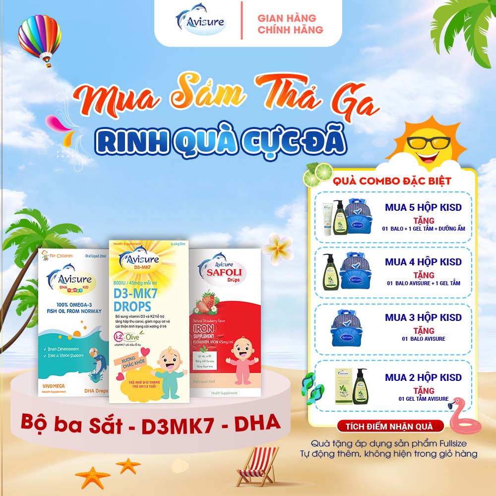 Bộ ba Avisure D3MK7 Avisure DHA smart Kid Avisure Safoli Drop bổ sung D3 DHA Sắt tinh khiết tự nhiên