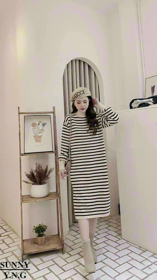 Váy Len Bầu Thu Đông Dáng Dài Họa Tiết Kẻ Cổ 3p Hàng Quảng Châu Phong Cách Ulzzang Hàn Quốc