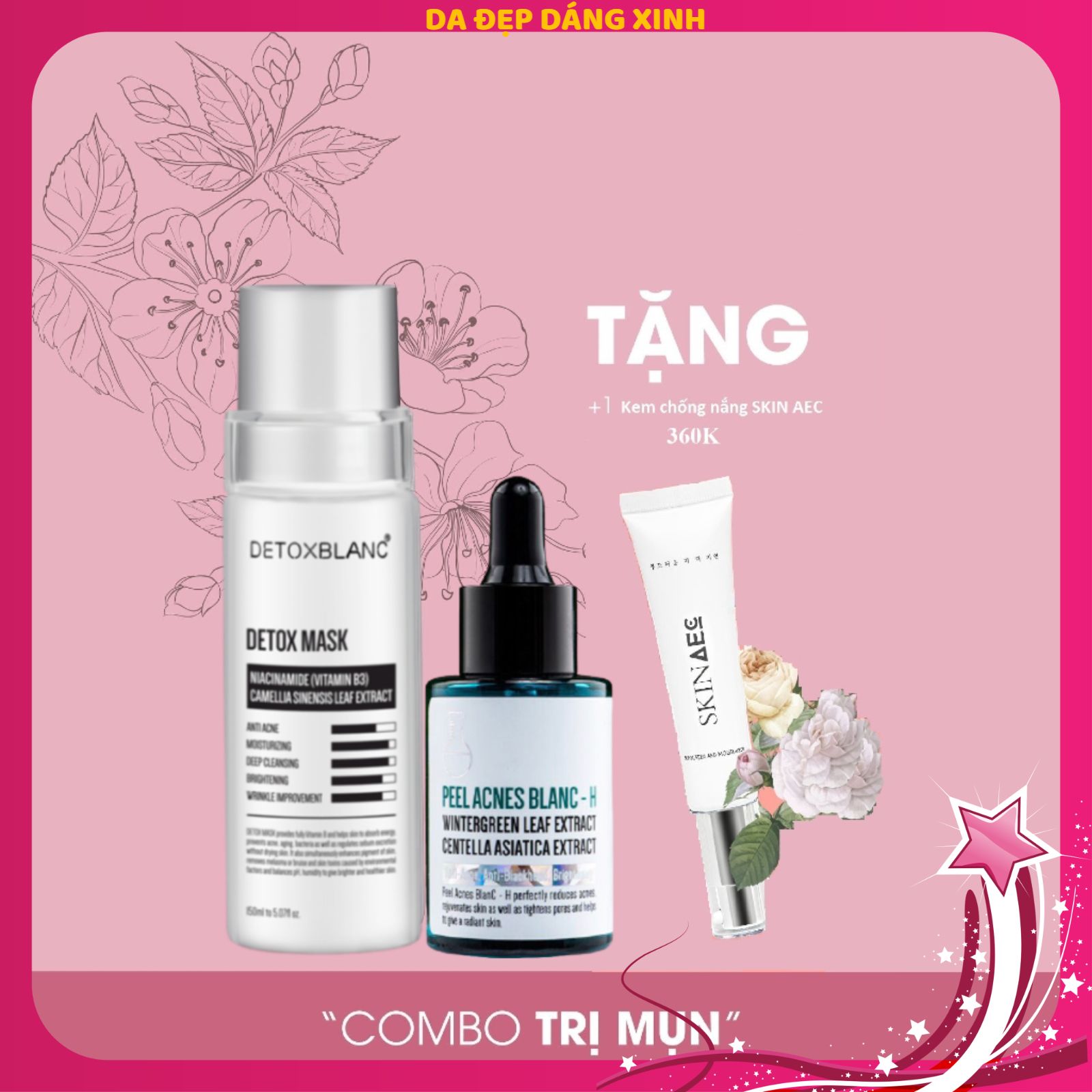 Bộ Đôi Trị Mụn Thâm Detox Blanc Tặng Kem Chống Nắng Dưỡng Ẩm Skin Aec 30Ml