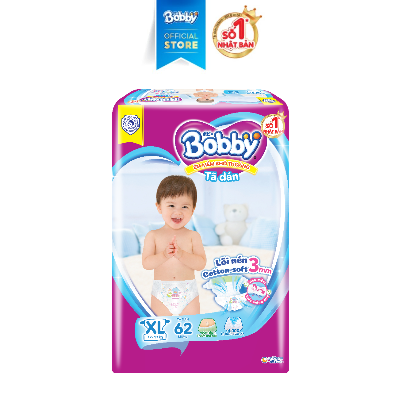[SALE CUỐI THÁNG QUÀ TO]Tã/Bỉm dán Bobby 3mm Ultra Jumbo Siêu khô thoáng XL62