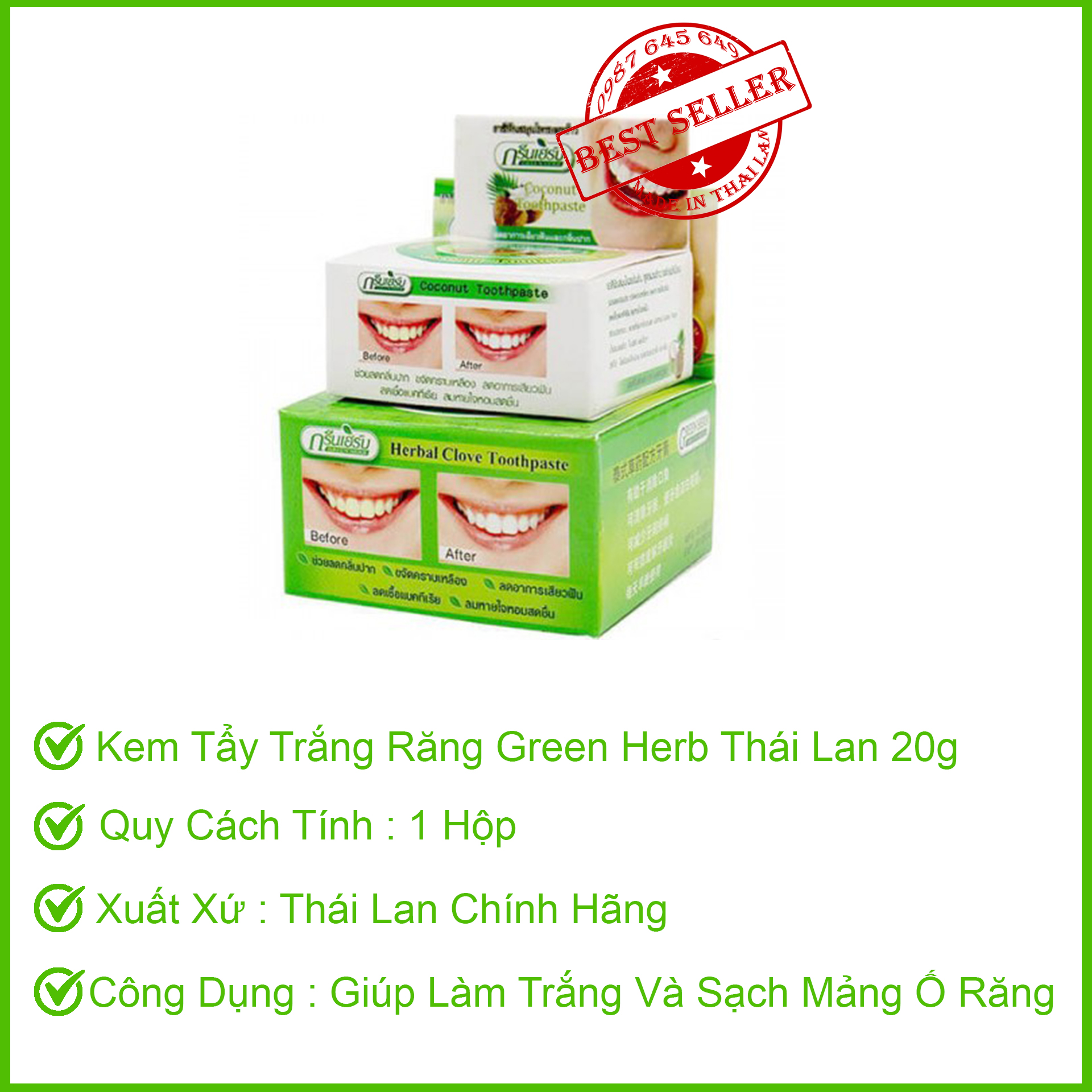 [HCM]Kem tẩy trắng răng Green Herb Thái Lan 25g tặng hủ nhỏ 10g