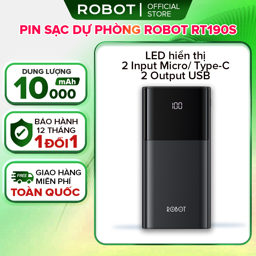 Pin dự phòng Robot RT190S dung lượng cao 10000mah đèn led hiển thị mức pin cục sạc dự phòng nhỏ gọn 