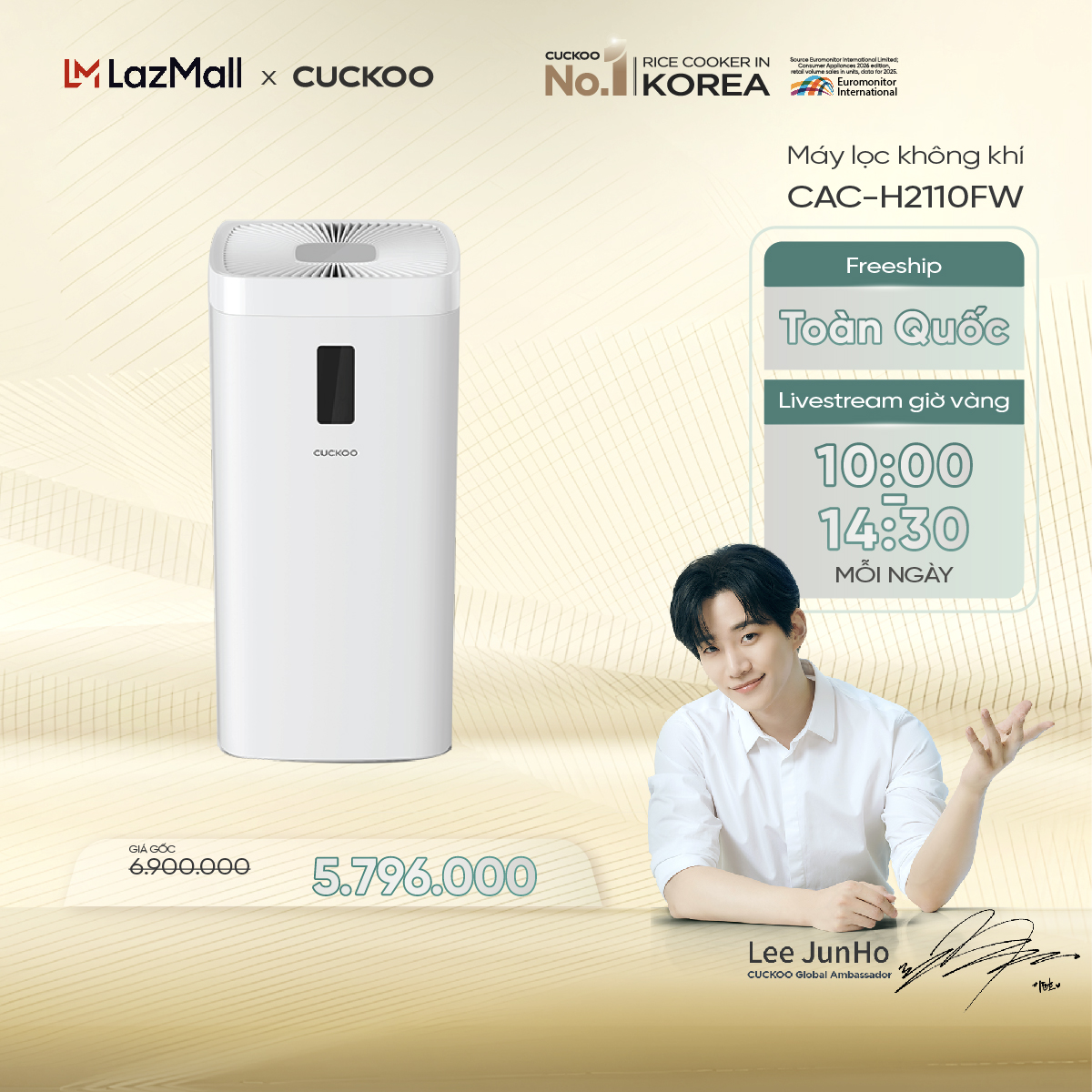 Máy lọc không khí Cuckoo CAC-H2110FW - Diện tích 70m², 3 màng lọc hiệu quả 99.9%