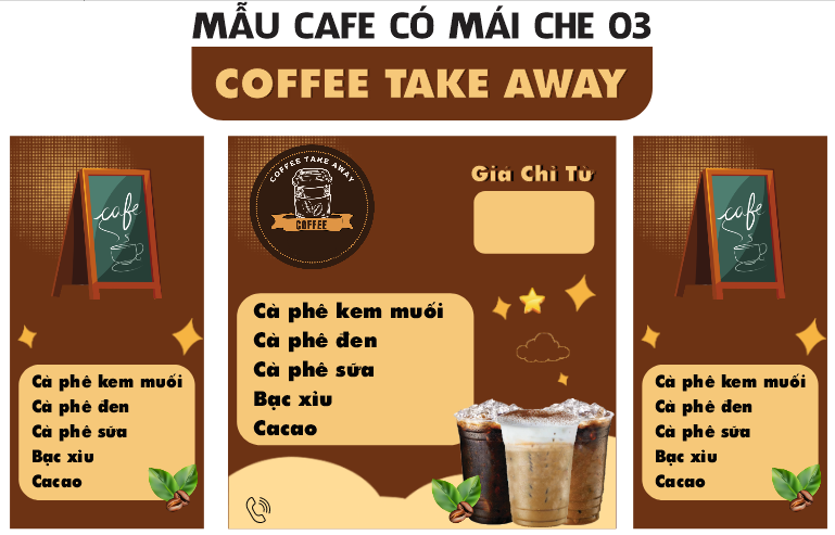 Xe bán cafe lưu động lắp ráp có 2 bệ xếp phụ kèm mái che kích thước 1m